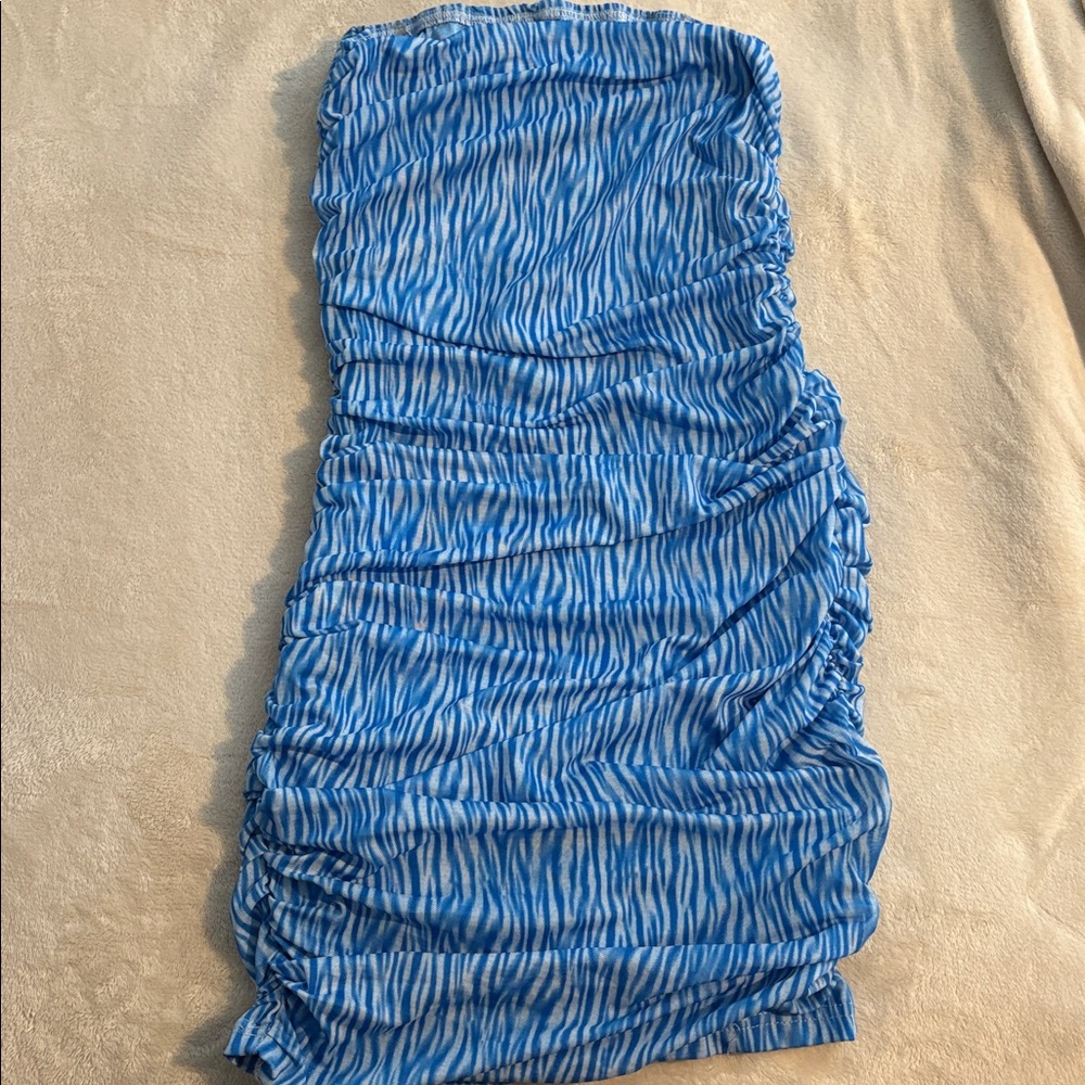 Blue and White Ruched Dress - Picture 2 of 6